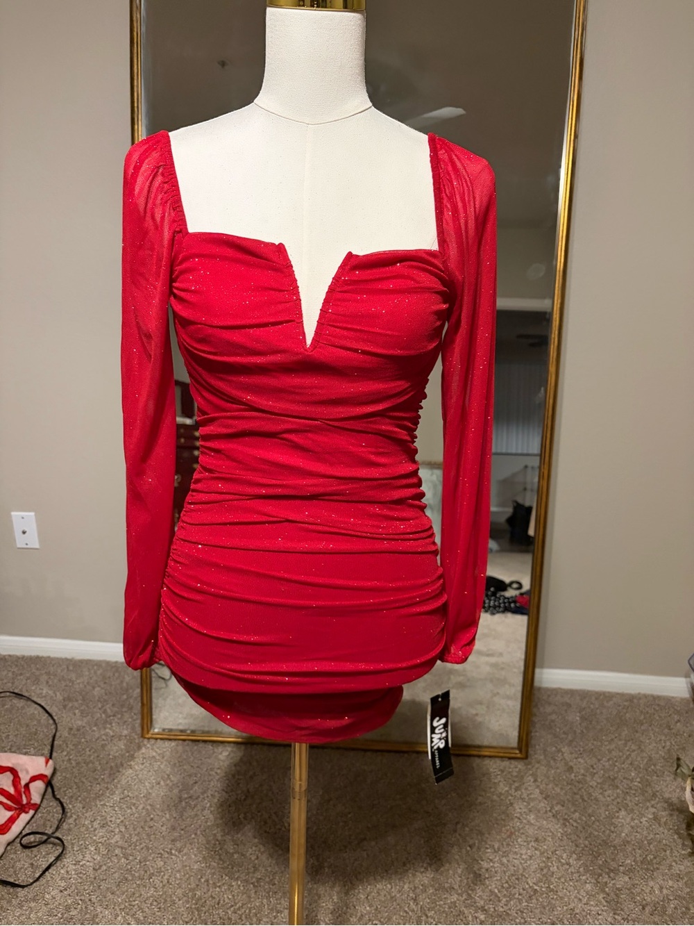 Jump Red Long-Sleeve Ruched Mini Dress